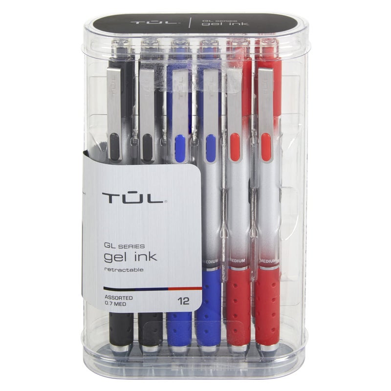 TULÂ® GL Series Retractable Gel Pens, Medium Point, 0.7 mm, Silver Barrel, Assorted Business Inks, Pack Of 12 Pens - Image 1